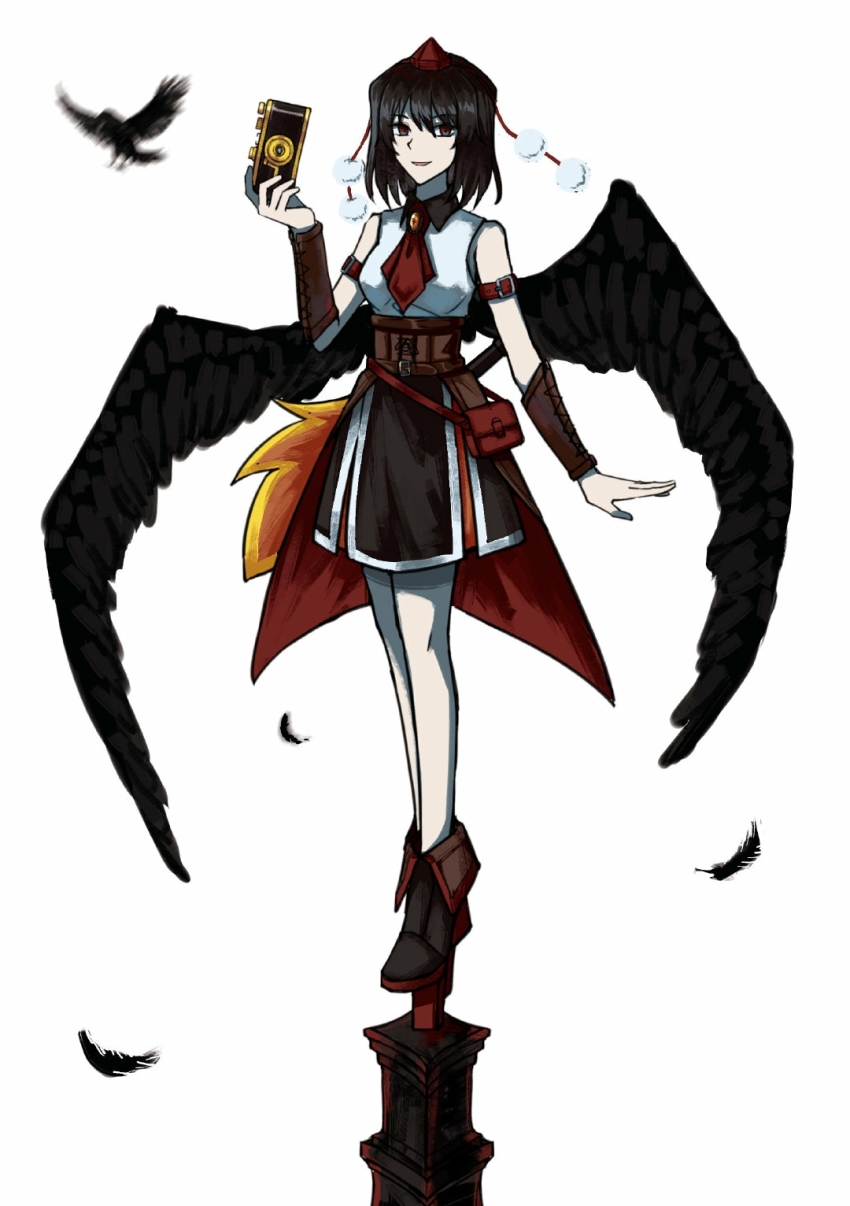 1girl arm_guards bird black_boots black_hair black_skirt black_wings boots camera chinese_commentary commentary_request crow feathered_wings feathers full_body hat highres holding holding_camera huanyizi red_eyes red_hat shameimaru_aya shirt short_hair simple_background skirt sleeveless sleeveless_shirt solo tokin_hat touhou white_background white_shirt wings