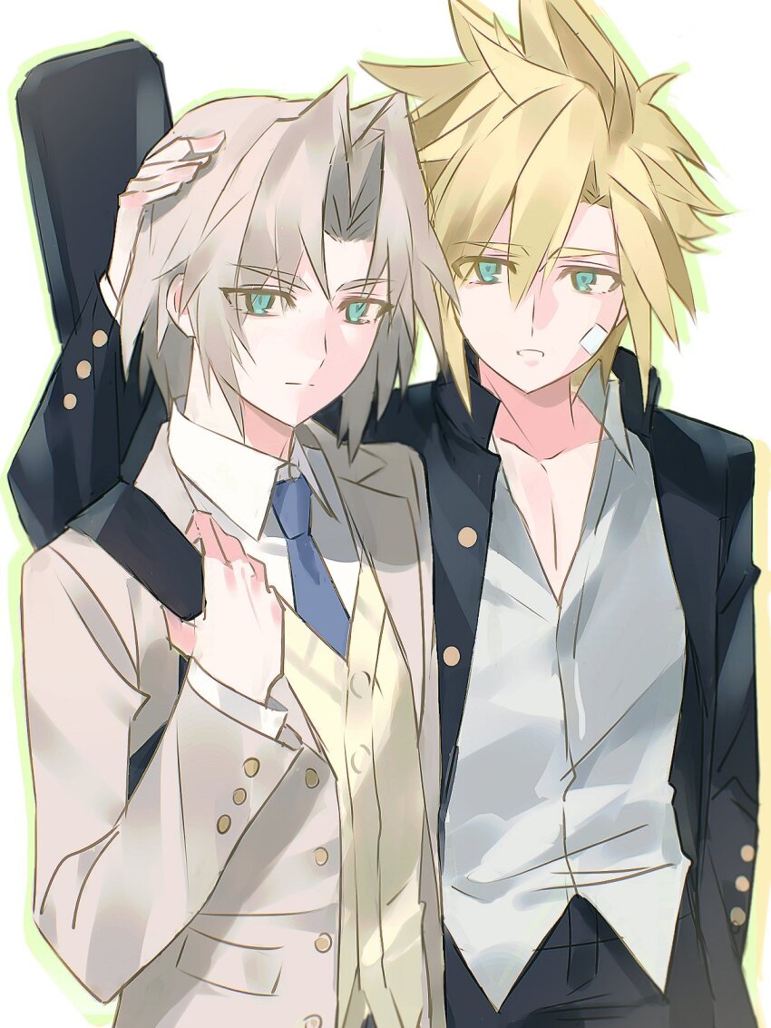 2boys bandaid bandaid_on_cheek bandaid_on_face black_jacket blonde_hair blue_eyes cloud_strife cloud_strife_(midgard_seventh_high_school) collared_shirt final_fantasy final_fantasy_vii final_fantasy_vii_ever_crisis grey_hair hand_on_another&#039;s_head highres jacket long_sleeves male_focus multiple_boys official_alternate_costume school_uniform sephiroth sephiroth_(ever_crisis) sephiroth_(shinra_private_academy) shirt short_hair spiked_hair standing yaoi yebuyeye