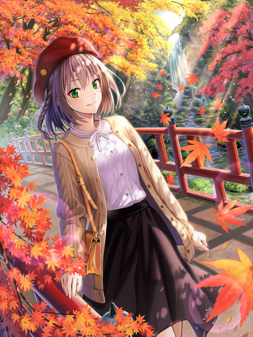 1girl absurdres autumn_leaves bag beret black_skirt bridge cardigan carrying closed_mouth commentary dappled_sunlight dutch_angle handbag hat highres leaf lens_flare looking_at_viewer macha0331 maple_leaf medium_hair medium_skirt mochizuki_mio original outdoors red_hat shirt skirt smile smiley_face solo standing sunlight water waterfall white_shirt yellow_cardigan