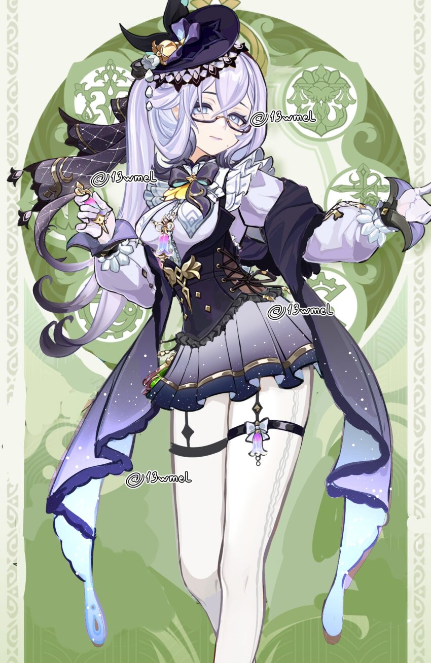 13wmel 1girl artist_name black_bow black_bowtie black_hair black_hat black_shawl black_skirt blue_eyes bottle bow bowtie breasts center_frills closed_mouth colored_tips commentary crossed_bangs derivative_work emilie_(genshin_impact) emilie_(old_design)_(genshin_impact) english_commentary expressionless fascinator feet_out_of_frame frills garter_straps genshin_impact glasses gloves gradient_clothes gradient_skirt green_background grey_shawl grey_shirt grey_skirt hair_between_eyes hat heart heart-shaped_pupils highres holding long_sleeves medium_breasts miniskirt mole mole_under_eye multicolored_hair multicolored_skirt official_style pantyhose perfume_bottle pleated_skirt puffy_long_sleeves puffy_sleeves purple_hair purple_lips rectangular_eyewear semi-rimless_eyewear shawl shirt skirt solo symbol-shaped_pupils thigh_strap twitter_username two-tone_hair under-rim_eyewear underbust variant_set watermark white_gloves white_pantyhose
