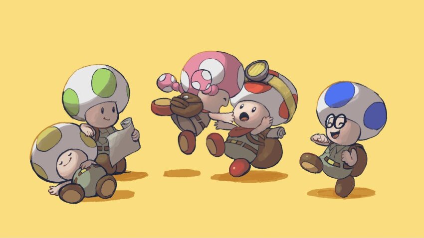 1girl 4boys :o ^_^ arm_up backpack bag bandana banktoad belt black-framed_eyewear blue_toad_(mario) brown_bag brown_belt brown_footwear brown_pants brown_shirt captain_toad captain_toad:_treasure_tracker closed_eyes closed_mouth commentary_request glasses green_toad_(mario) headlamp hint_toad_(mario) holding holding_map incoming_hug laughing looking_at_another lying map mario_(series) multiple_boys nintendo on_back open_mouth pants red_bandana red_footwear rinabee_(rinabele0120) round_eyewear shirt shoes simple_background sleeveless sleeveless_shirt smile smirk toad_(mario) toadette twintails u_u yellow_background yellow_toad_(mario)