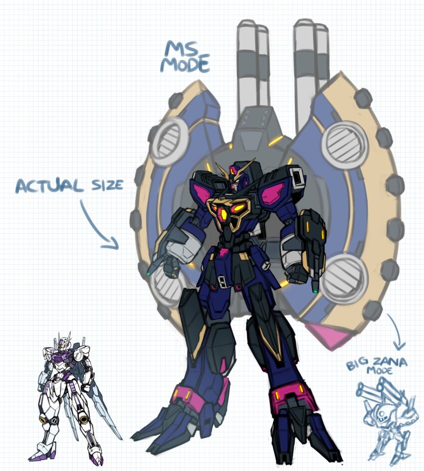 absurdres arm_mounted_weapon arrow_(symbol) beam_cannon calamity_gundam reference_sheet clenched_hands commentary destroy_gundam english_commentary full_body gundam gundam_aerial gundam_build_divers gundam_build_divers_re:rise gundam_seed gundam_seed_destiny gundam_suisei_no_majo highres hololive hololive_english mecha mecha_focus mobile_armor mobile_suit no_humans pinguinkotak redesign robot science_fiction size_comparison sketch standing v-fin weapon white_background