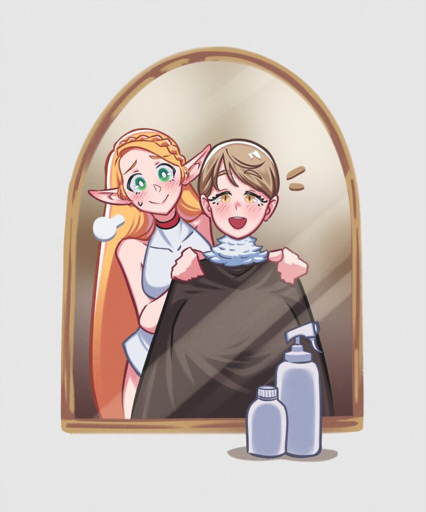 2girls :&gt; alternate_hair_length alternate_hairstyle barber_cape blonde_hair braid breasts brown_hair commentary crown_braid dungeon_meshi falin_touden falin_touden_(tallman) feathers green_eyes halterneck highres huge_breasts loen long_hair marcille_donato medium_breasts mirror multiple_girls open_mouth pointy_ears raised_inner_eyebrows shampoo_bottle short_hair smile sweatdrop very_long_hair yellow_eyes