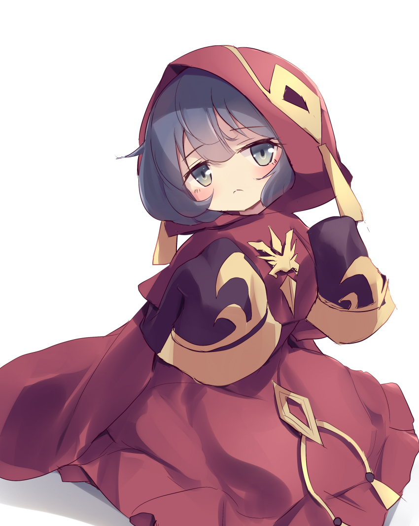 1girl absurdres aged_down blue_eyes blue_hair duel_monster highres kanzakietc lo_the_prayers_of_the_voiceless_voice looking_at_viewer oversized_clothes red_robe robe sitting solo very_long_sleeves white_background yu-gi-oh!
