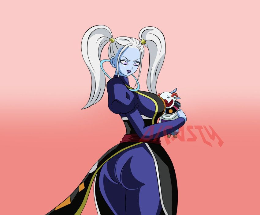 10s 1girl angel_(dragon_ball) ass blue_skin breasts colored_skin dicasty dragon_ball dragon_ball_super female_focus large_breasts long_hair marcarita_(dragon_ball) parted_lips purple_eyes size_difference smile solo source_request standing text_focus twintails vermoud white_hair