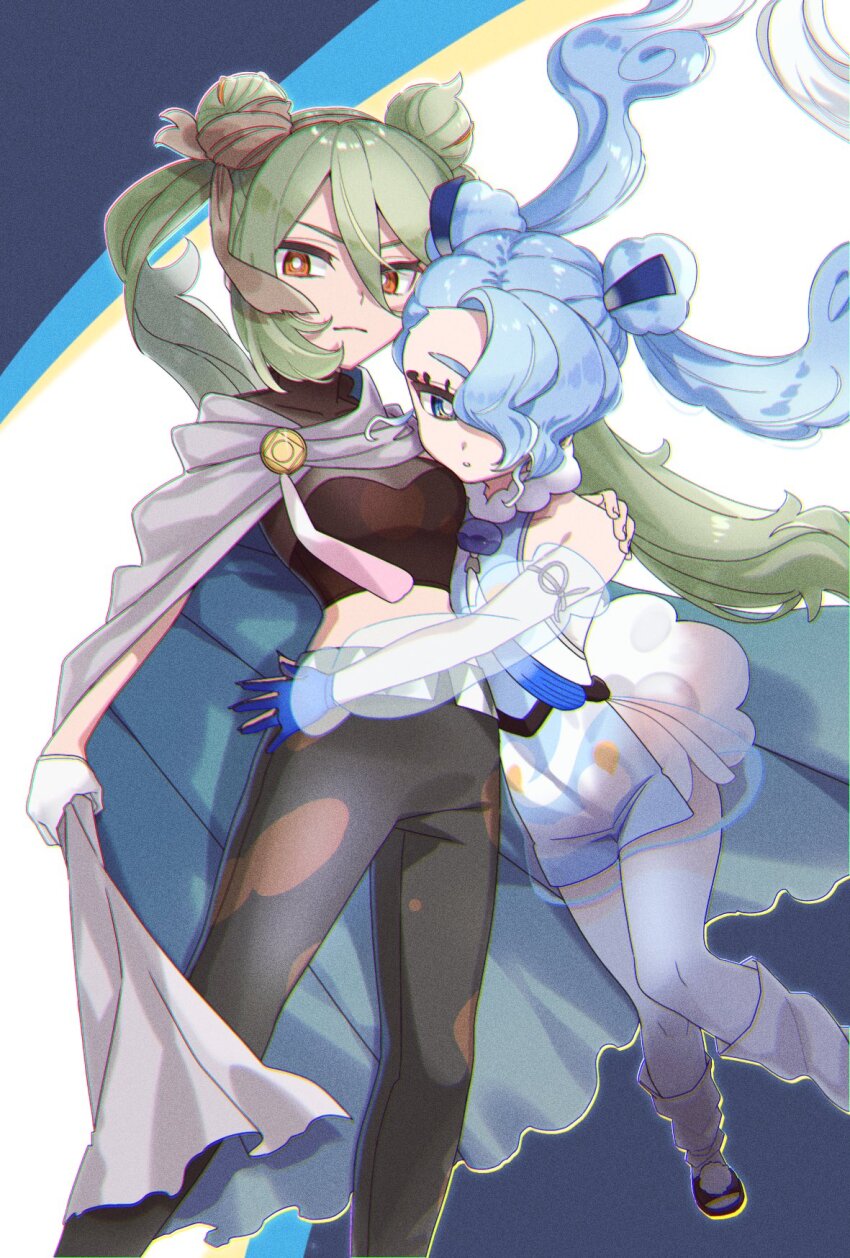 2girls blue_cape blue_eyes blue_gloves blue_hair bright_pupils cape chromatic_aberration covered_collarbone crop_top detached_sleeves double_bun dress film_grain flying_miku_(project_voltage) gloves green_hair grey_cape grey_pants ground_miku_(project_voltage) hair_between_eyes hair_bun hair_over_one_eye hand_on_another&#039;s_hip hand_on_another&#039;s_shoulder hatsune_miku highres light_blue_hair long_hair long_sleeves loose_socks multiple_girls nintendo nisanrei121 orange_eyes pants pokemon project_voltage see-through_clothes see-through_sleeves short_dress single_glove socks twintails two-sided_cape two-sided_fabric two-tone_cape vocaloid white_gloves white_pupils white_socks