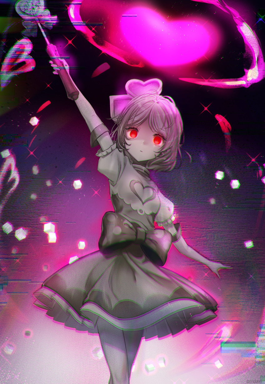 #compass 1girl absurdres arm_up closed_mouth dress elbow_gloves eyelashes glitch gloves greyscale_with_colored_background heart highres holding holding_wand looking_at_viewer magical_girl red_eyes ruruka_(#compass) short_hair solo sparkle spot_color tendoshi wand