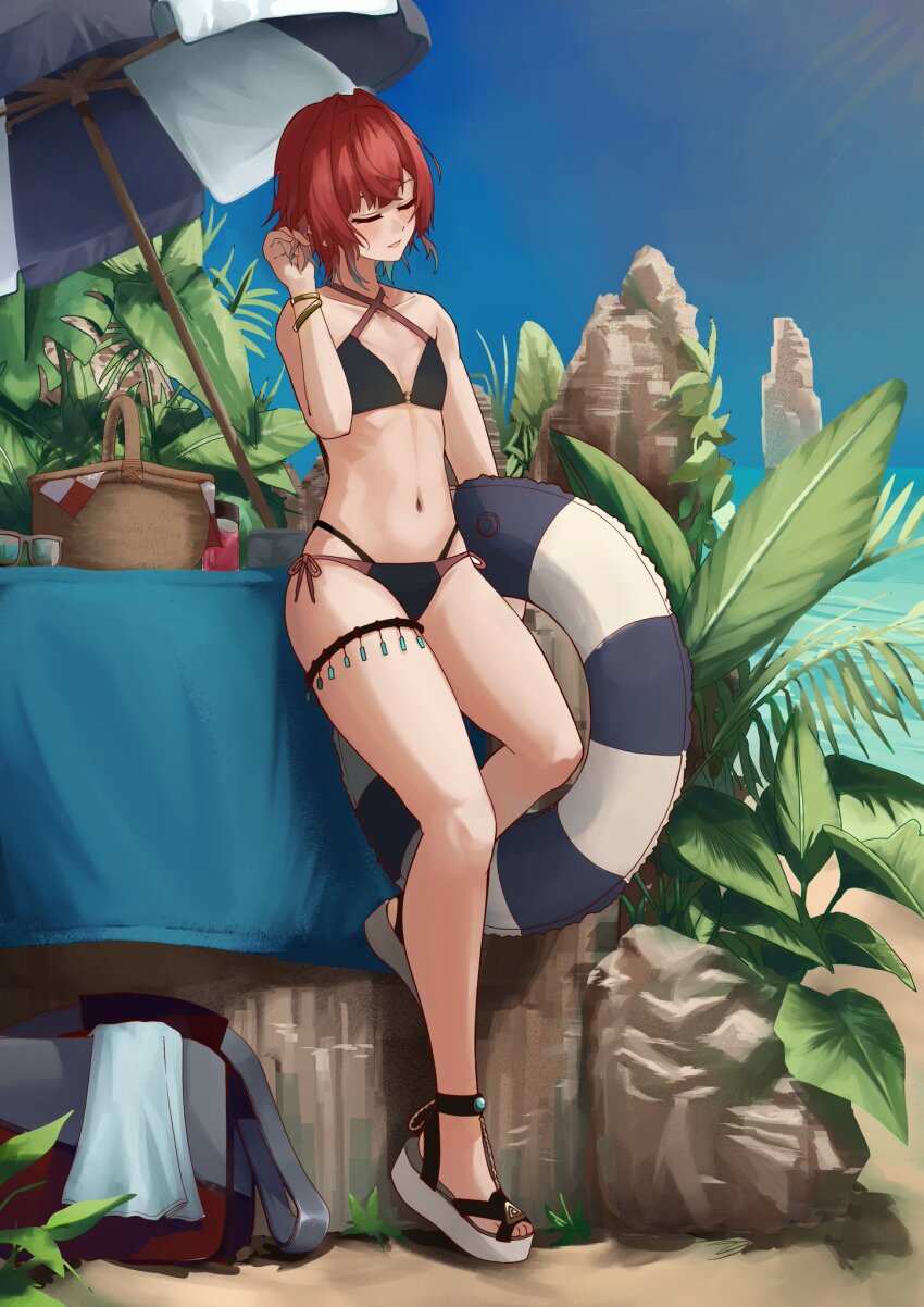 1girl alternate_costume alternate_hair_color ange_katrina aqua_hair arm_up bag beach bikini black_bikini blue_sky blush bracelet closed_eyes colored_tips commentary_request criss-cross_halter day doidamon flat_chest foot_up full_body gold_bracelet hair_intakes halterneck highres holding holding_swim_ring innertube jewelry leaning_on_object multi-strapped_bikini_bottom multicolored_hair nijisanji ocean outdoors parasol parted_lips picnic_basket plant platform_sandals playing_with_hair red_hair ribs sandals seaside short_hair side-tie_bikini_bottom sky solo standing stomach sunglasses swim_ring swimsuit thigh_strap umbrella unworn_eyewear virtual_youtuber