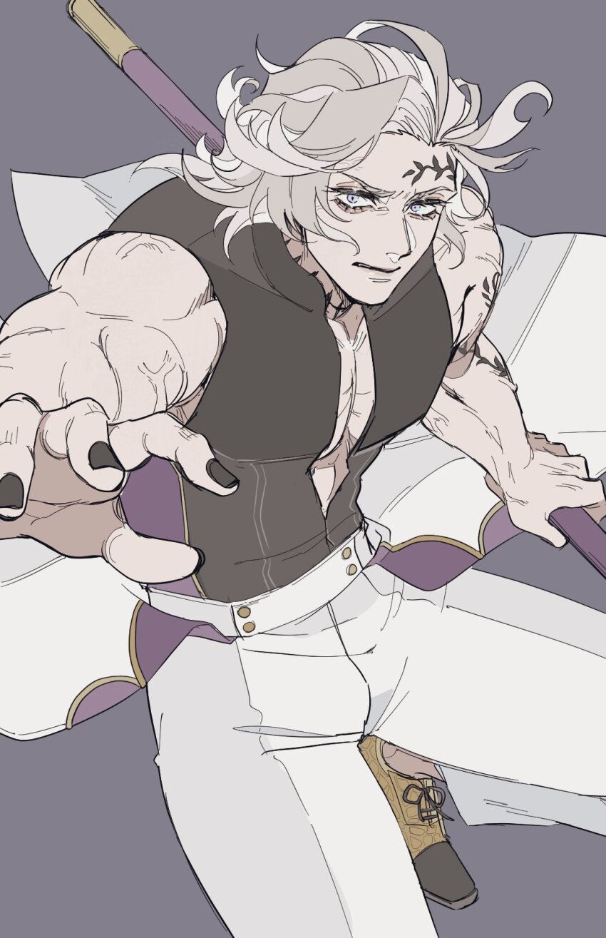1boy abs_peek angry arm_tattoo black_shirt brown_shoes choker facial_tattoo forehead_tattoo furrowed_brow gold_trim hades_(shuumatsu_no_valkyrie) half-closed_eyes hand_up high_collar highres holding holding_polearm holding_weapon jacket jewelry leaf_tattoo looking_at_viewer male_focus pants parted_lips polearm purple_background purple_eyes purple_shirt shirt shoes short_hair shuumatsu_no_valkyrie sleeveless sleeveless_shirt solo spiked_choker spikes tattoo teeth two-tone_shirt unworn_jacket veins veiny_arms waist_cape weapon white_hair white_pants