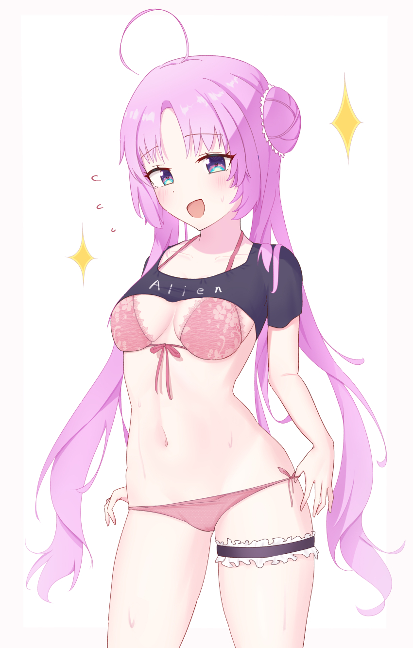 1girl absurdres ahoge akeuchi_yuu blue_eyes blush bra breasts cameltoe highres hoshikuzu_telepath kamory long_hair looking_at_viewer medium_breasts open_mouth panties pink_bra pink_hair pink_panties side-tie_panties smile solo underwear