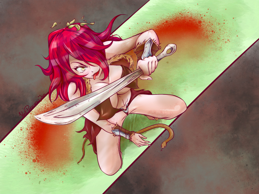 absurdres barefoot breasts cat_eyes food_wars fur highres kobayashi_rindou large_breasts long_hair looking_at_viewer looking_up red_hair reptile shokugeki_no_souma snake squatting tongue tongue_out weapon