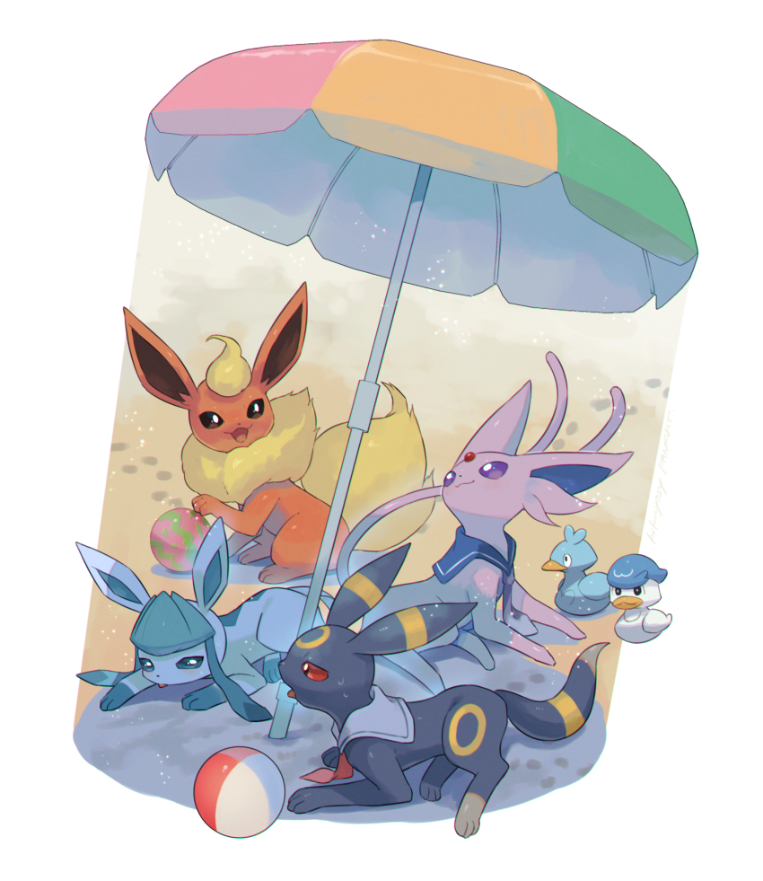 :d ball beach_umbrella beachball commentary_request day ducklett espeon flareon footprints game_freak gen_1_pokemon gen_2_pokemon gen_4_pokemon gen_5_pokemon glaceon highres kikuyoshi_(tracco) nintendo no_humans open_mouth outdoors pokemon pokemon_(creature) purple_eyes quaxly sand shadow smile sweat tongue tongue_out umbrella umbreon