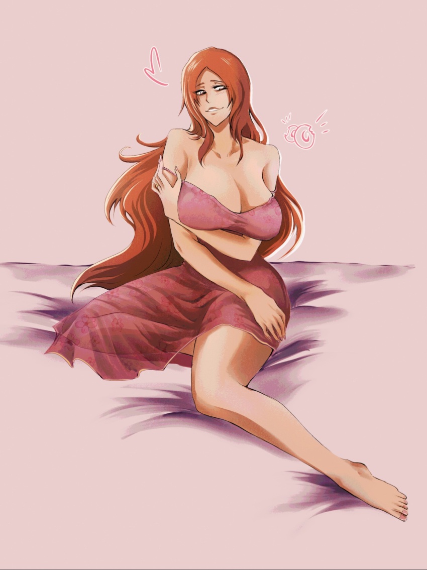 1girl arm_under_breasts bare_shoulders barefoot bleach breasts brown_eyes collarbone female_focus highres inoue_orihime large_breasts long_hair nightgown orange_hair parted_lips simple_background sitting teeth thighs veeepawoon