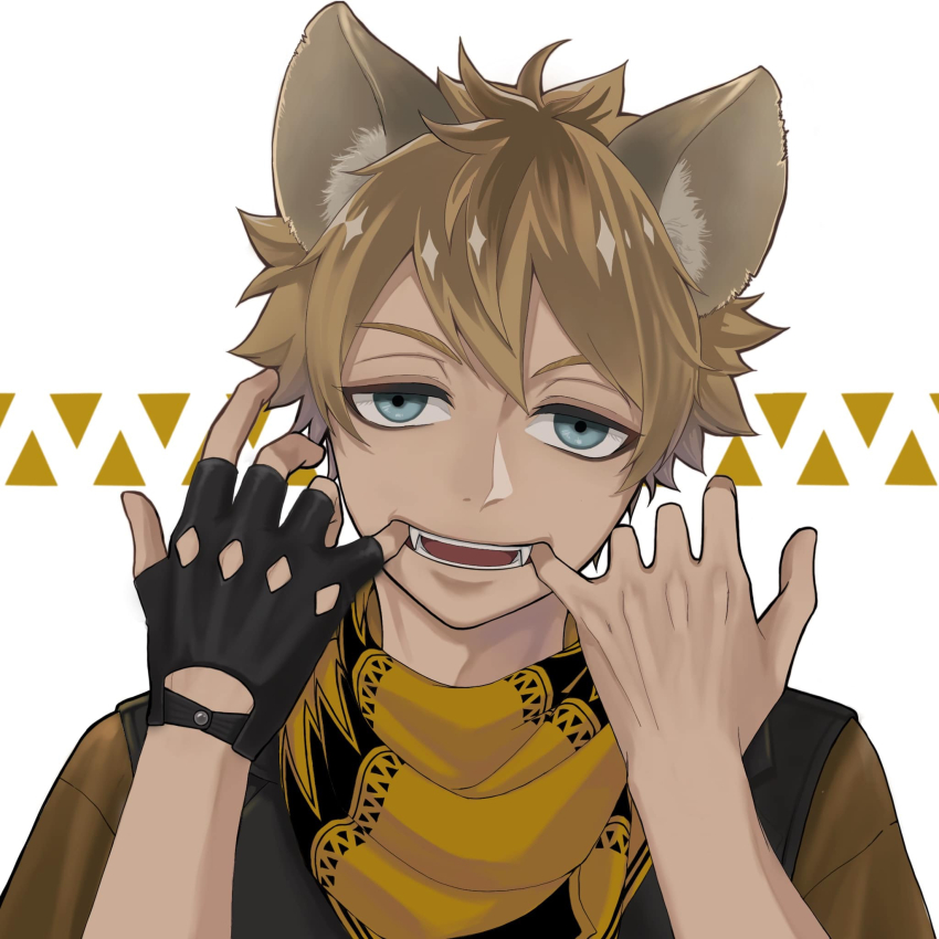 1boy bandana bandana_around_neck black_gloves black_vest blonde_hair blue_eyes commentary_request fangs finger_to_mouth fingerless_gloves gloves hands_up highres hyena_boy hyena_ears looking_at_viewer male_focus mouth_pull ruggie_bucchi short_hair single_glove twisted_wonderland ukichan12011 upper_body vest white_background yellow_bandana