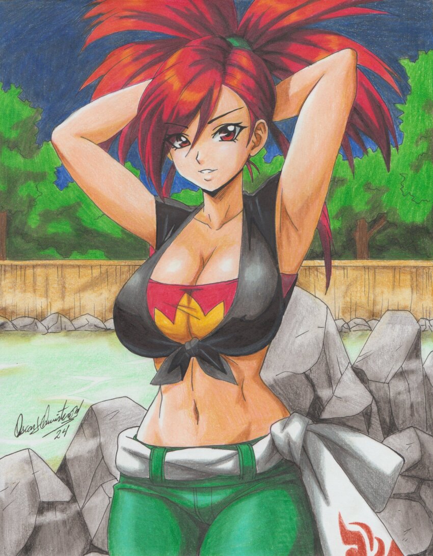 1girl 2024 armpits arms_behind_head branch breasts cleavage crop_top denim flannery_(pokemon) game_freak highres jeans large_breasts long_hair looking_at_viewer nintendo onsen pants pokemon pokemon_oras ponytail ravernclouk_design red_eyes red_hair rock seductive_smile shirt sleeveless smile teeth tied_shirt traditional_media water