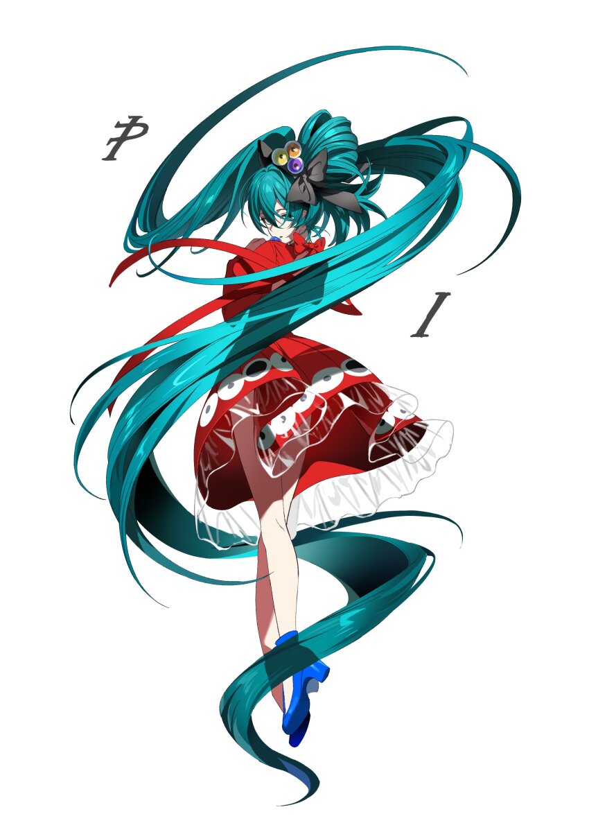 1girl absurdres aqua_eyes aqua_hair backless_dress backless_outfit bare_legs black_bow blue_shoes bow candy dress eye_hair_ornament eye_print eyeball_hair_ornament folded_hair food from_behind full_body hair_bow hand_up hashtag-only_commentary hatsune_miku high_heels highres holding holding_candy holding_food holding_lollipop juliet_sleeves lollipop long_hair long_sleeves looking_at_viewer looking_back natwjeq parted_lips psi_(vocaloid) puffy_sleeves red_bow red_dress red_ribbon ribbon shoes sidelocks simple_background solo song_name twintails uneven_twintails very_long_hair vocaloid white_background