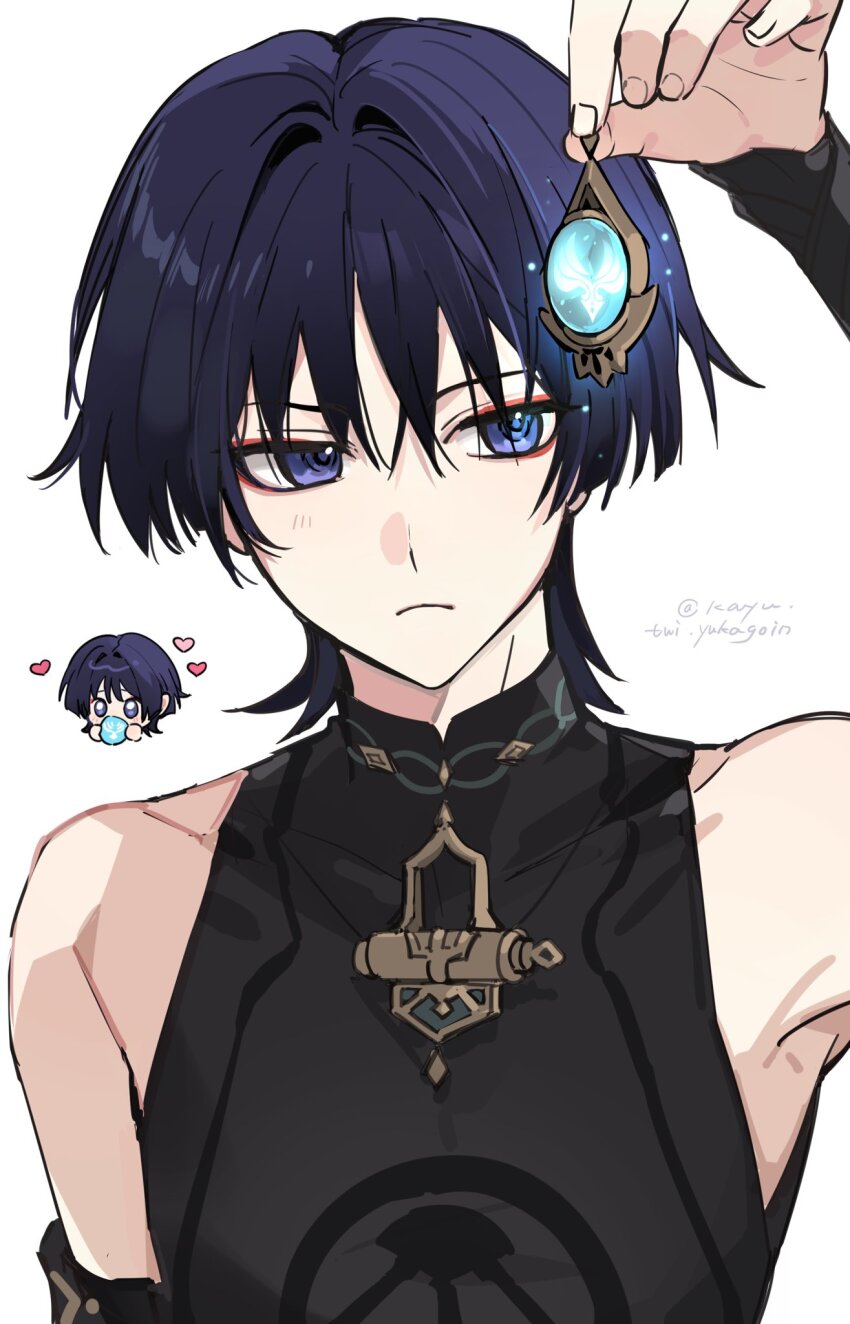 1boy arm_up artist_name bare_shoulders black_shirt blunt_ends bridal_gauntlets chibi choppy_bangs closed_mouth collarbone commentary_request covered_collarbone eyeshadow frown genshin_impact hair_between_eyes hair_intakes heart highres holding kayu_(yukagoin) looking_at_viewer makeup male_focus purple_eyes purple_hair red_eyeshadow scaramouche_(genshin_impact) shirt short_hair simple_background sleeveless sleeveless_shirt solo twitter_username upper_body vision_(genshin_impact) wanderer_(genshin_impact) white_background