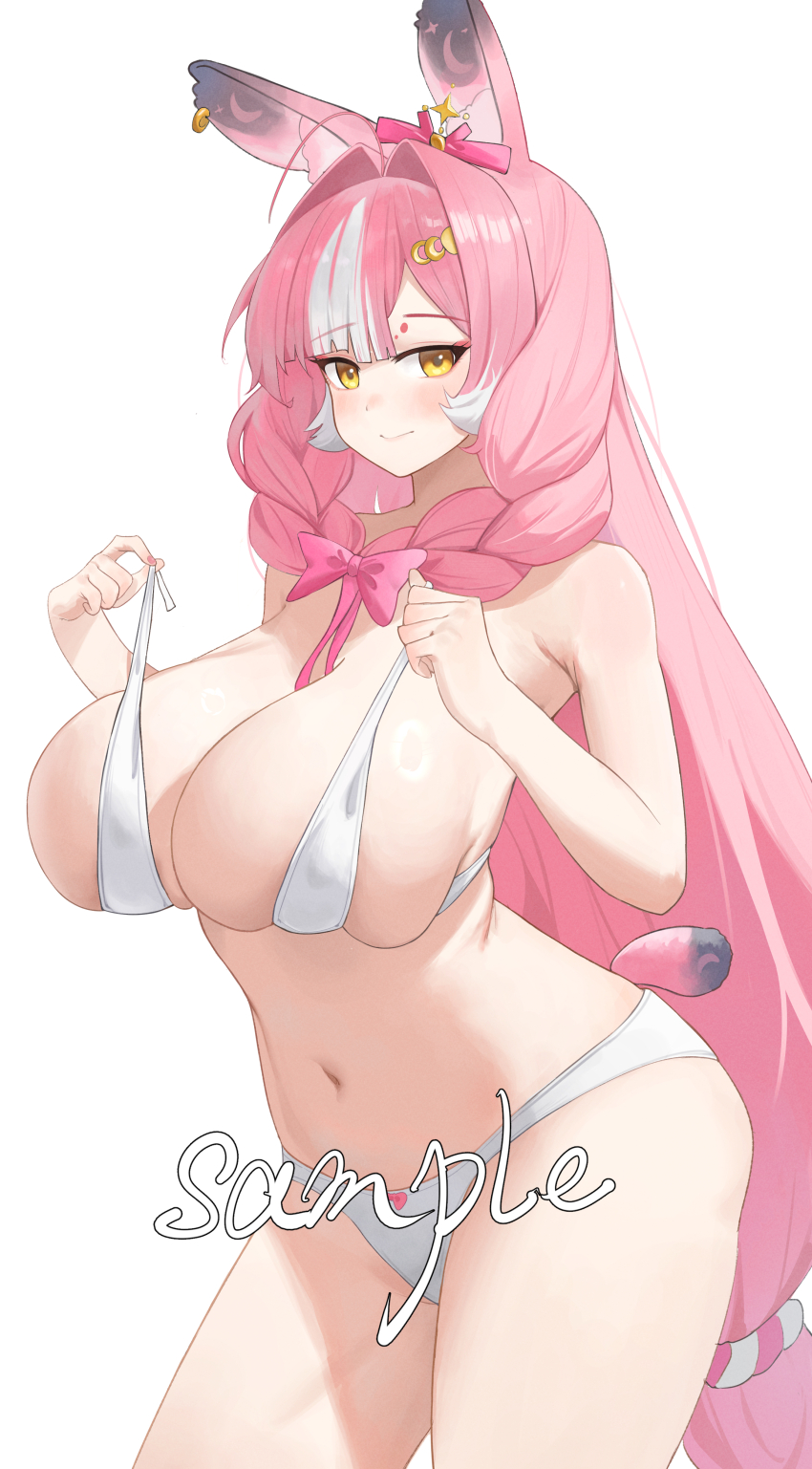 1girl absurdres ahoge animal_ear_fluff animal_ear_piercing animal_ear_tattoo animal_ears bare_arms bare_shoulders between_breasts bikini black_tail blush bow bow_panties braid breasts chinese_commentary closed_mouth commentary_request crescent crescent_hair_ornament crescent_tattoo fingernails full_moon_hair_ornament gradient_tail hair_intakes hair_ornament hair_ribbon hair_scrunchie happy05x highres huge_breasts long_hair looking_at_viewer low-tied_long_hair multicolored_hair nail_polish navel original panties pink_bow pink_hair pink_nails pink_ribbon pink_scrunchie pulling_own_clothes rabbit_ears rabbit_girl rabbit_tail ribbon ribbon_between_breasts sample_watermark scrunchie short_tail simple_background smile solo stomach strap_pull streaked_hair swimsuit tail tattoo thighs two-tone_hair two-tone_scrunchie two-tone_tail underwear watermark white_background white_bikini white_hair white_scrunchie yellow_eyes