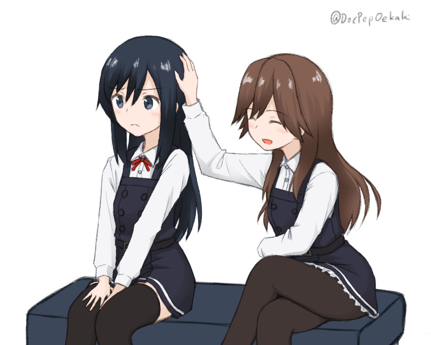 2girls :d arashio_(kancolle) arashio_kai_ni_(kancolle) asashio_(kancolle) asashio_kai_ni_(kancolle) belt bench between_legs black_belt black_dress black_hair black_pantyhose black_thighhighs blue_eyes blush brown_hair closed_eyes collared_shirt commentary_request doc_pep dress dress_shirt feet_out_of_frame frilled_dress frills hand_between_legs headpat kantai_collection long_hair long_sleeves looking_ahead multiple_girls neck_ribbon on_bench open_mouth pantyhose pinafore_dress pout ribbon shirt simple_background sitting sleeveless sleeveless_dress smile thighhighs twitter_username white_background white_shirt zettai_ryouiki
