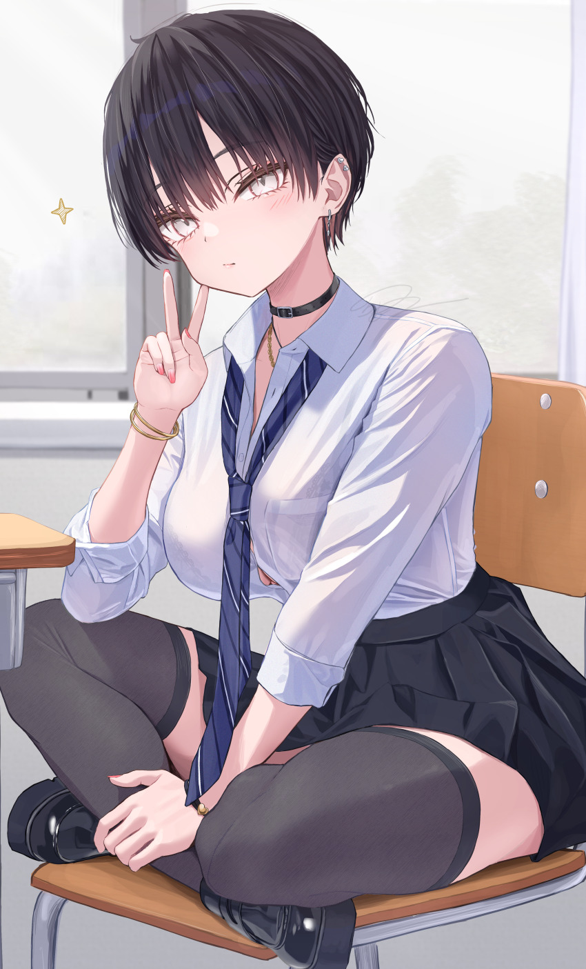 1girl absurdres bell belt black_belt black_bra black_hair black_shoes black_skirt black_thighhighs blue_necktie blush bra bra_visible_through_clothes bracelet breasts button_gap chair commentary_request desk diagonal-striped_clothes diagonal-striped_necktie ear_piercing earrings fingernails highres indian_style indoors jewelry lace lace-trimmed_bra lace_trim large_breasts looking_at_viewer loose_necktie miniskirt nail_polish neck_bell necktie norio_(noriosub) on_chair open_collar original piercing pleated_skirt school_chair school_desk school_uniform shirt shirt_tucked_in shoes short_hair sitting skirt solo sparkle striped_clothes thighhighs tomboy underwear v white_shirt