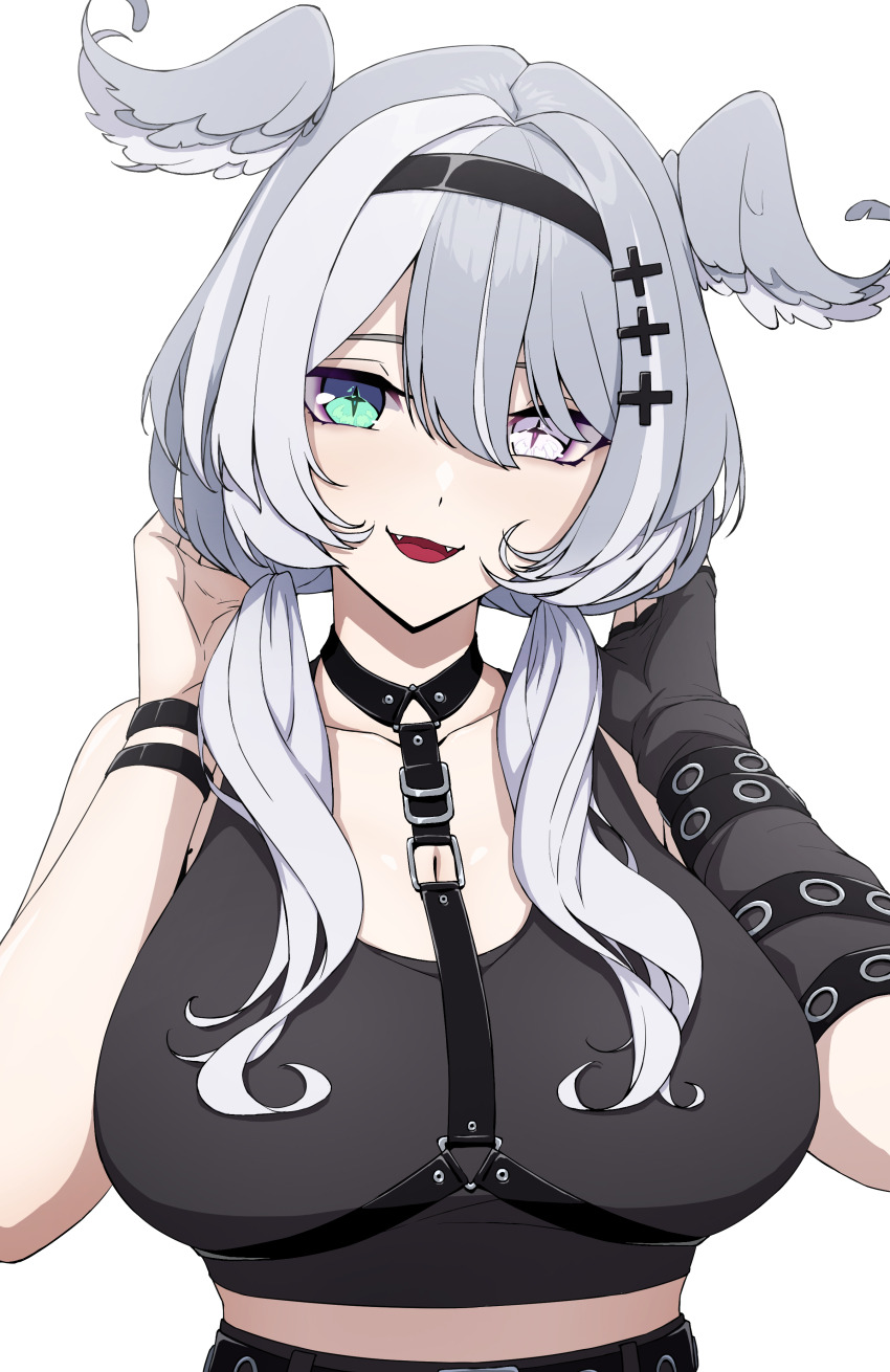 1girl absurdres aqua_eyes black_hairband black_tank_top breasts chest_harness cleavage commentary cross-shaped_pupils daydarion elira_pendora elira_pendora_(goth) english_commentary fangs fingerless_gloves gloves grey_hair hair_between_eyes hair_ornament hairband hairclip harness head_wings heterochromia highres huge_breasts large_breasts long_hair looking_at_viewer low_twintails midriff mole mole_on_armpit nijisanji nijisanji_en open_mouth purple_eyes simple_background single_fingerless_glove solo symbol-shaped_pupils tank_top twintails variant_set virtual_youtuber white_background wings