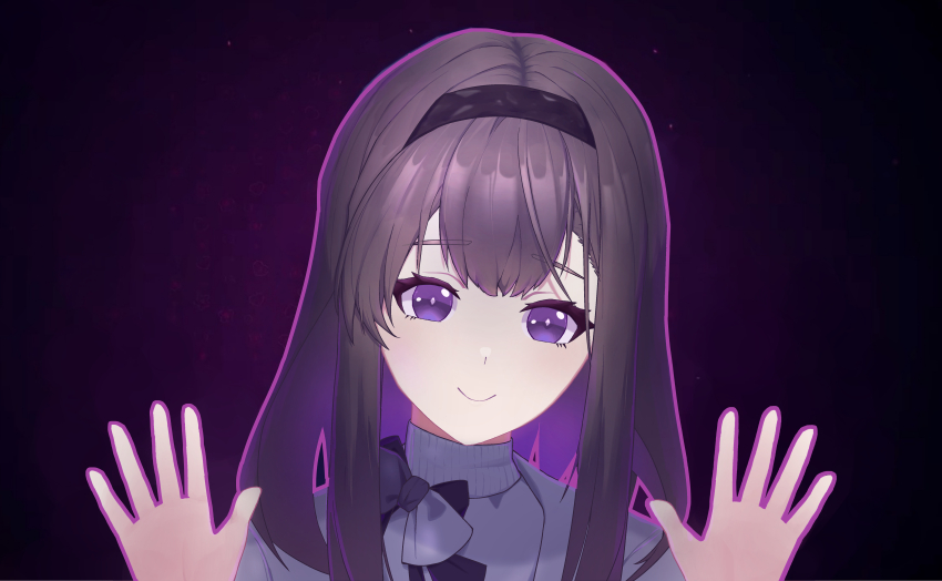 1girl :&gt; absurdres arknights black_background black_hairband bow brown_hair center-flap_bangs closed_mouth commentary diamond-shaped_pupils diamond_(shape) double-parted_bangs grey_bow hairband highres kushaaaa4 looking_at_viewer medium_hair miside open_hands outline palms parody portrait priestess_(arknights) purple_eyes purple_outline simple_background smile solo spread_fingers sweater symbol-only_commentary symbol-shaped_pupils trait_connection turtleneck turtleneck_sweater two-tone_bow variant_set white_bow white_sweater