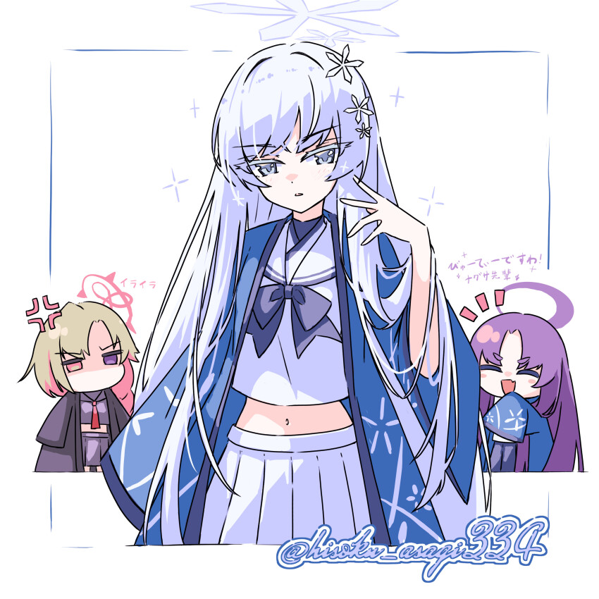 3girls absurdres anger_vein ayame_(blue_archive) blue_archive blue_bow blue_bowtie bow bowtie brown_hair chibi closed_eyes commentary_request grey_eyes hair_ornament halo hand_up haori heterochromia highres hisokuasagi334 japanese_clothes long_hair looking_at_viewer multiple_girls nagusa_(blue_archive) navel notice_lines open_mouth parted_lips pleated_skirt purple_hair school_uniform shirt skirt solo_focus sparkle translation_request twitter_username very_long_hair white_background white_hair white_shirt white_skirt yukari_(blue_archive)
