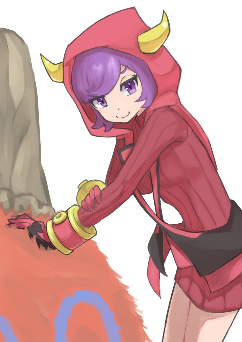 1girl absurdres breasts camel camerupt courtney_(pokemon) cowlick dress game_freak gen_3_pokemon highres hood hooded_vest hoodie horned_hood horns leaning_forward long_sleeves medium_breasts mutuki_conoka nintendo pokemon pokemon_(creature) pokemon_oras purple_eyes purple_hair red_dress red_hood ribbed_dress ribbed_sweater short_dress short_hair smile sweater vest