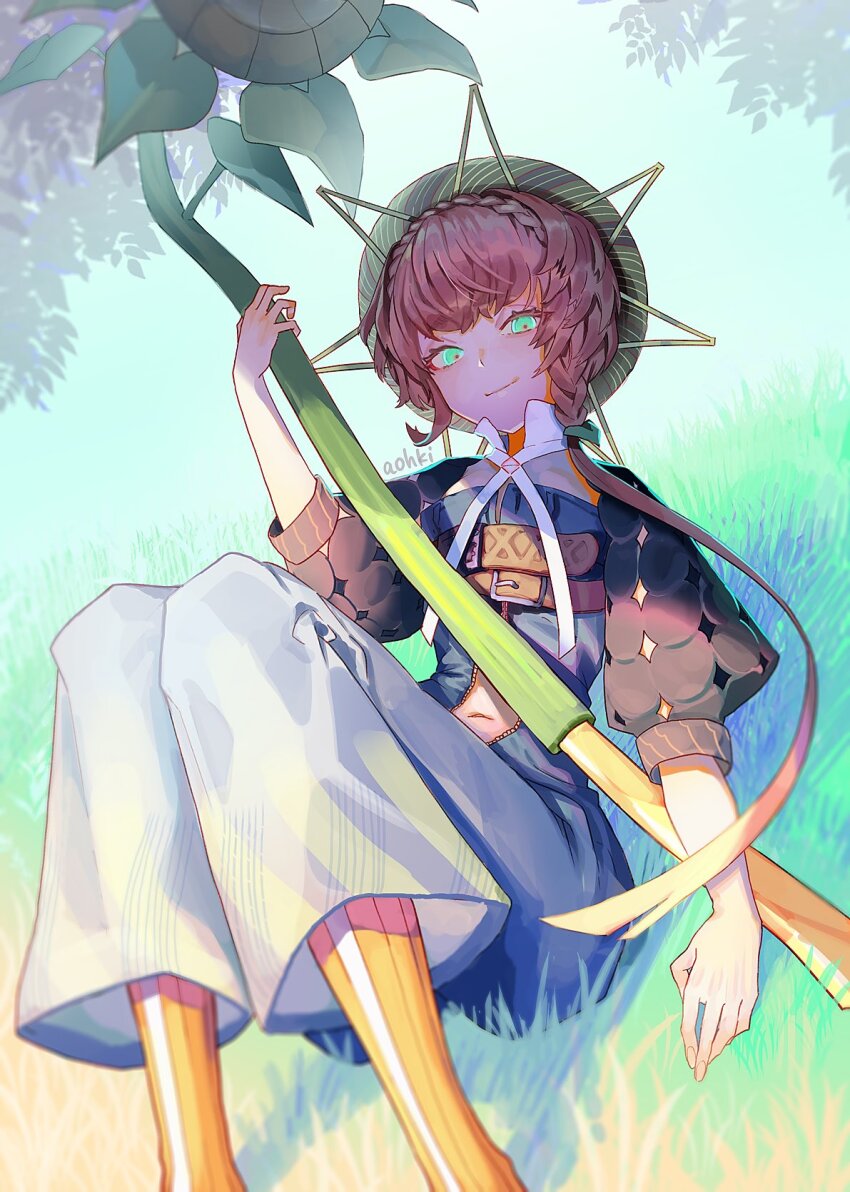 1girl artist_name belt braid brown_hair fate/grand_order fate_(series) flower grass highres navel side_braid sitting smile sunflower unzipped van_gogh_(fate) van_gogh_(first_ascension)_(fate) waterstaring