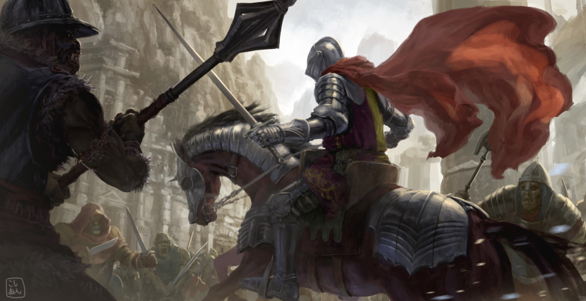 6+boys animal armlet armor axe bald barding bare_shoulders battle breastplate cape colored_skin fantasy full_armor fur_trim gauntlets greaves green_skin helm helmet highres holding holding_axe holding_sword holding_weapon hood hood_up horse jewelry knight kosian mace mountainside_temple multiple_boys orc original outdoors painterly pauldrons pointy_ears red_cape red_eyes riding shoulder_armor signature sword teeth vambraces weapon