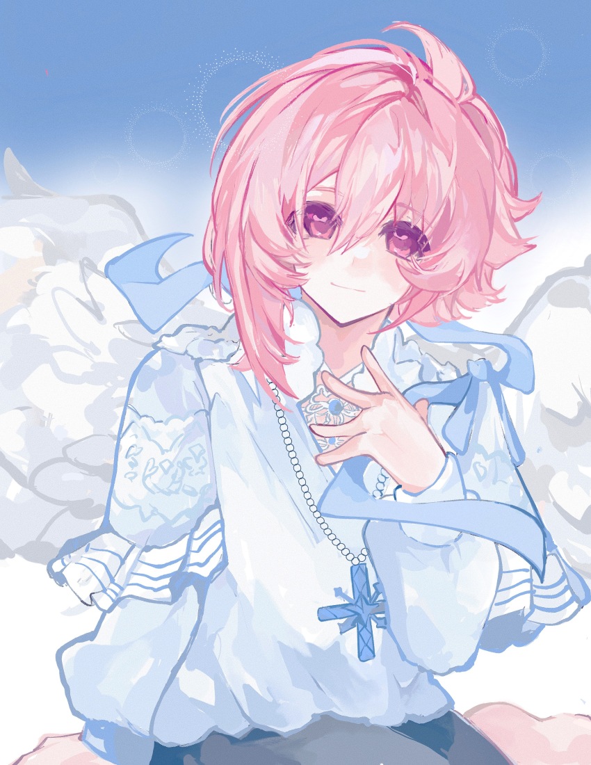 1boy absurdres bead_necklace beads blouse blue_background blue_bow blush bow cross cross_necklace feathered_wings frilled_shirt frilled_sleeves frills gradient_background hand_on_own_chest highres idolish7 jewelry kujou_tenn lingchuanlc long_sleeves looking_at_viewer male_focus necklace pants pink_eyes pink_hair shirt short_hair sitting smile solo solo_focus white_shirt white_wings wings