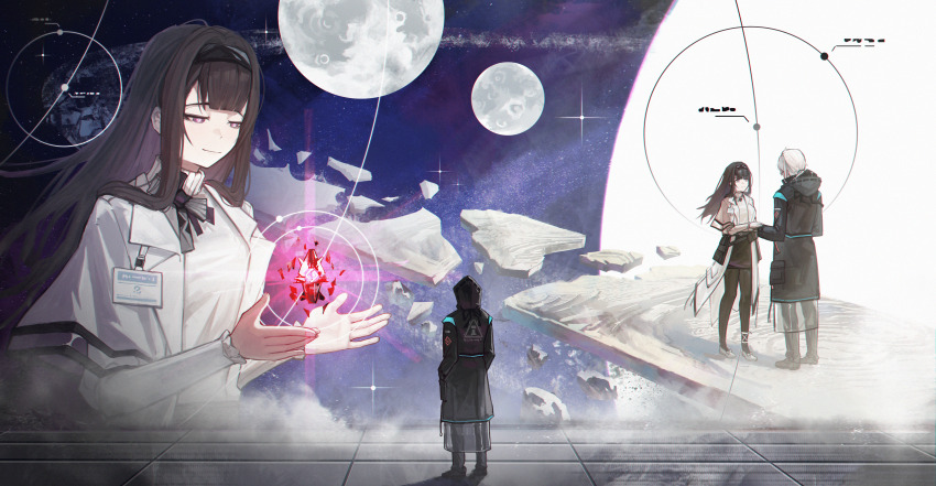 1girl 1other absurdres arknights black_coat black_hair black_hairband black_pants black_pantyhose black_skirt chinese_commentary closed_mouth coat commentary_request crystal doctor_(arknights) full_moon hairband hands_in_pockets highres holding_hands hood hood_down hood_up hooded_coat jacket long_hair long_sleeves looking_at_another looking_down magic moon multiple_moons multiple_views pants pantyhose priestess_(arknights) short_hair skirt smile standing surreal sweater taoxisama turtleneck turtleneck_sweater white_hair white_jacket white_sweater