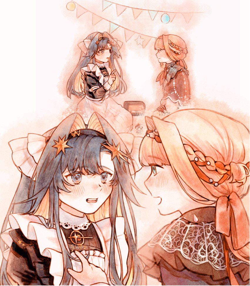 2girls :d apron black_dress black_hairband block_(object) blonde_hair blue_eyes blue_hair braid braided_bangs cape ciaosalut colored_inner_hair dress eye_contact face-to-face facing_another frilled_apron frills hair_intakes hair_ornament hair_ribbon hairband highres kiperina long_hair looking_at_another low_ponytail multicolored_hair multiple_girls multiple_views open_mouth pointing pointing_at_another pointing_at_self ponytail profile radio red_cape red_ribbon reverse:1999 ribbon school_uniform smile soviet_school_uniform star_(symbol) star_hair_ornament string_of_flags voyager_(reverse:1999) white_apron white_background