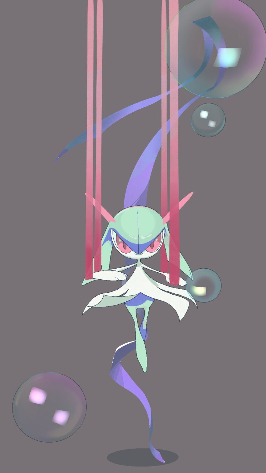 blue_ribbon colored_skin gen_3_pokemon green_hair green_skin grey_background highres horns kirlia multicolored_skin mxlaghrsuk33yws nintendo pink_eyes pink_ribbon pokemon pokemon_(creature) ribbon sidelocks simple_background two-tone_skin white_skin