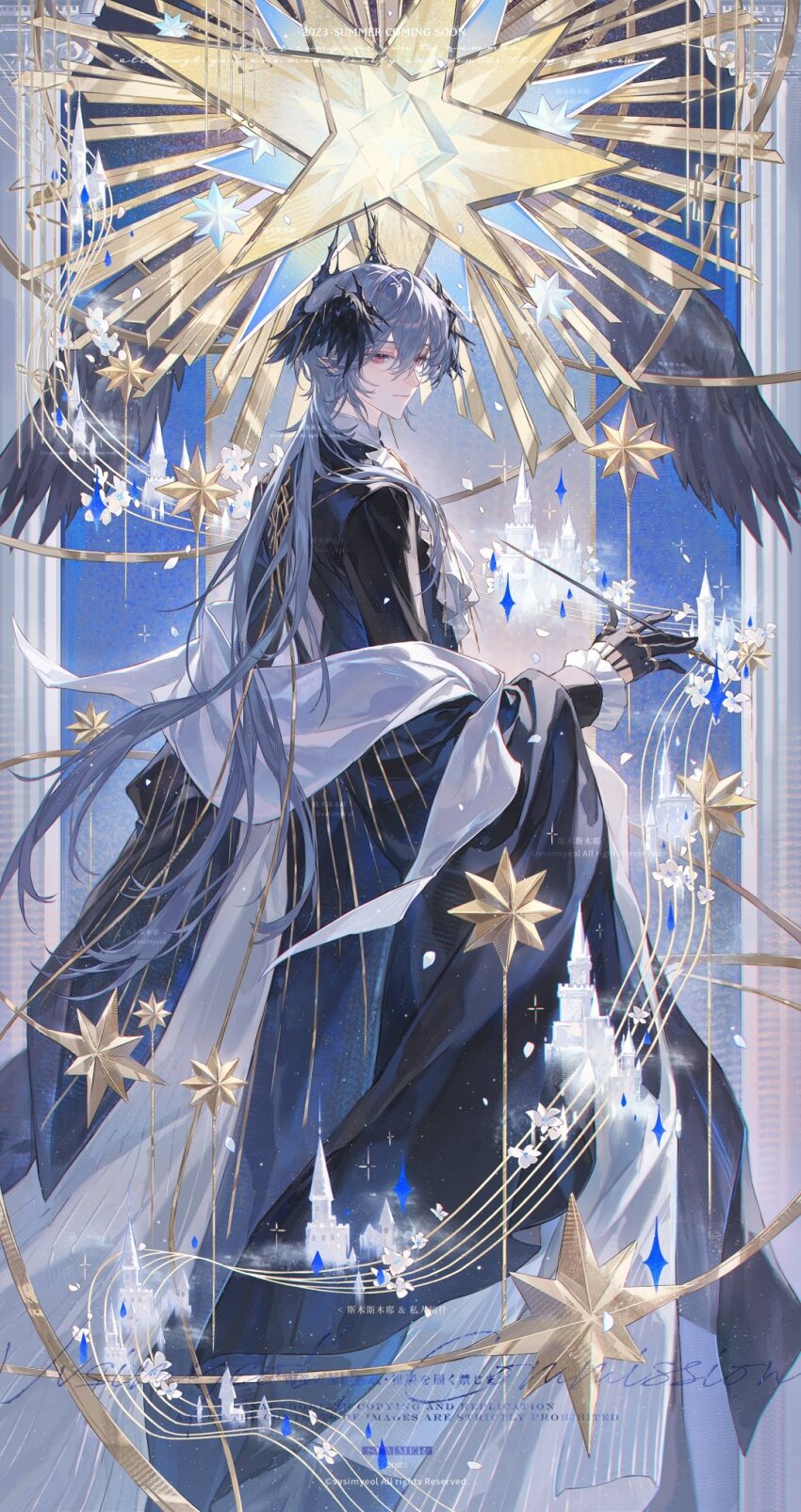 1boy arknights ascot between_fingers black_gloves black_robe black_shirt castle closed_mouth commentary commission english_commentary feathered_wings floating_hair frills from_side gloves gold_ring grey_background grey_hair hair_between_eyes hand_up head_wings highres holding holding_quill jewelry logos_(arknights) long_hair long_sleeves looking_at_viewer male_focus multiple_rings open_clothes open_robe outside_border pink_eyes quill ring robe shirt smusmuye solo standing star_ornament striped_robe watermark white_ascot wings