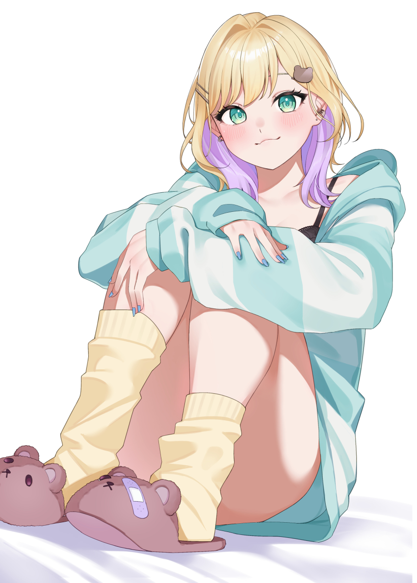 1girl :3 absurdres asymmetrical_legwear bear_hair_ornament bear_slippers black_camisole blonde_hair blue_jacket blue_nails blue_shorts camisole collarbone colored_inner_hair ear_piercing earrings green_hair hair_intakes hair_ornament hairpin highres hood hood_down hooded_jacket hugging_own_legs iha_(iha_shani) iris_black_games jacket jewelry kurumi_noah kurumi_noah_(6th_costume) long_sleeves looking_at_viewer medium_hair multicolored_hair multiple_hairpins piercing purple_hair short_shorts shorts sitting sleeves_past_wrists slippers socks solo striped_clothes striped_jacket stud_earrings two-tone_hair uneven_legwear virtual_youtuber vspo! wavy_hair white_background yellow_socks