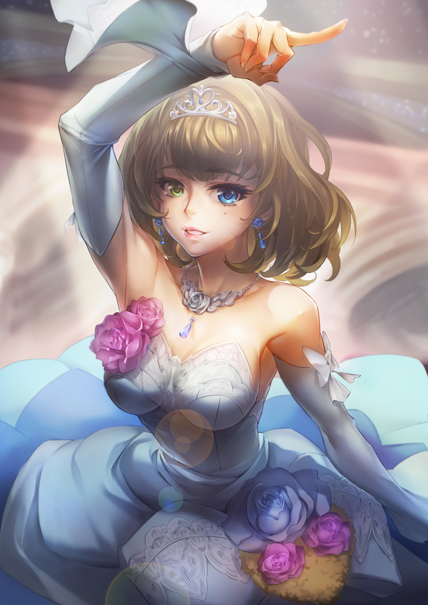 10s 1girl arm_up bare_shoulders blue_eyes blue_flower blue_rose breasts bride brown_hair detached_sleeves dress earrings elbow_gloves female_focus flower gloves gown green_eyes heterochromia highres idolmaster idolmaster_cinderella_girls index_finger_raised jewelry large_breasts lens_flare long_sleeves looking_at_viewer mole mole_under_eye necklace parted_lips purple_flower purple_rose rose short_hair smile solo takagaki_kaede tiara todee wedding_dress white_dress