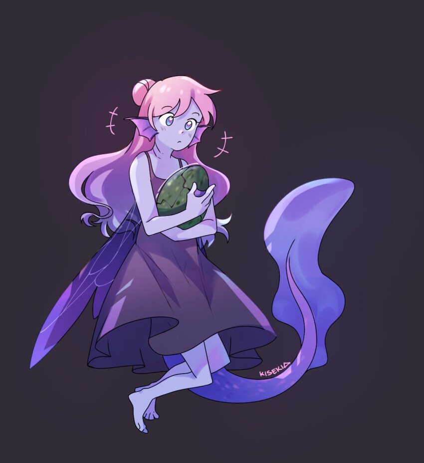1girl barefoot blush colored_skin dress egg empires_smp fins fish_girl fish_tail gills hair_bun head_fins highres holding holding_egg kisekiii_25 ldshadowlady ldshadowlady_(ocean_queen) minecraft_youtube pink_hair purple_skin simple_background single_hair_bun solo tail