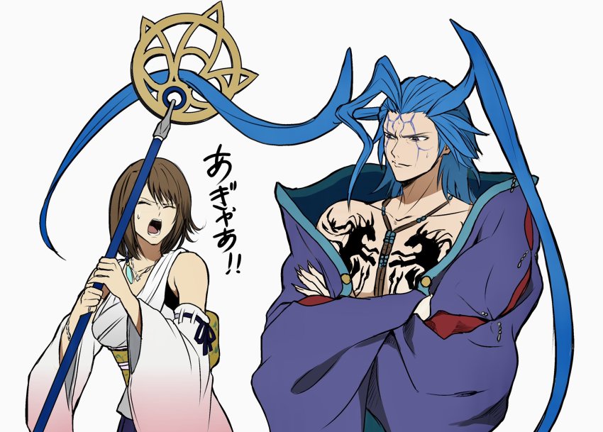 1boy 1girl asymmetrical_bangs back_bow beads blue_hair bob_cut body_markings bow bracelet breasts brown_hair crossed_arms detached_sleeves facial_mark final_fantasy final_fantasy_x fingernails grey_eyes hair_beads hair_ornament hair_slicked_back highres holding holding_staff igusaharu japanese_clothes jewelry long_hair loose_clothes lower_teeth_only medium_breasts necklace open_mouth ring seymour_guado sharp_fingernails short_hair shouting sideburns staff sweatdrop teeth twintails upper_body upper_teeth_only white_background wide_sleeves yuna_(ff10)
