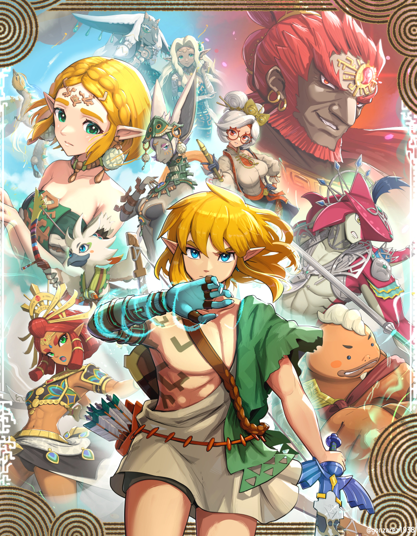 5girls 6+boys absurdres archaic_set_(zelda) blonde_hair bow_(weapon) facial_hair ganondorf gerudo glasses glowing_arm goatee gonzarez goron highres light_dragon_(zelda) link master_sword mineru_(zelda) multiple_boys multiple_girls nintendo princess_zelda purah rauru_(tears_of_the_kingdom) red-framed_eyewear red_hair riju rito sidon smile sonia_(zelda) the_legend_of_zelda the_legend_of_zelda:_tears_of_the_kingdom tulin_(zelda) weapon white_hair yunobo zonai zora