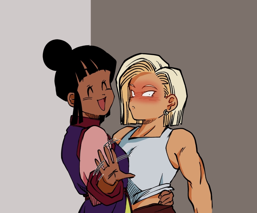 2girls ^_^ absurdres against_wall alternate_skin_color android_18 black_hair blonde_hair blunt_bangs blush brown_pants cal_monssi chi-chi_(dragon_ball) china_dress chinese_clothes closed_eyes closed_mouth clothes_lift dark-skinned_female dark_skin dot_pupils dragon_ball dragonball_z dress earrings full-face_blush gold_earrings hair_bun hand_around_waist happy highres hoop_earrings jewelry looking_at_viewer motion_lines multiple_girls open_mouth pants pink_sleeves purple_dress red_sash red_wrist_cuffs sash shirt_lift short_hair sidelocks sleeveless smile speed_lines tan tank_top waving white_tank_top wide-eyed wrist_cuffs yellow_pants yuri