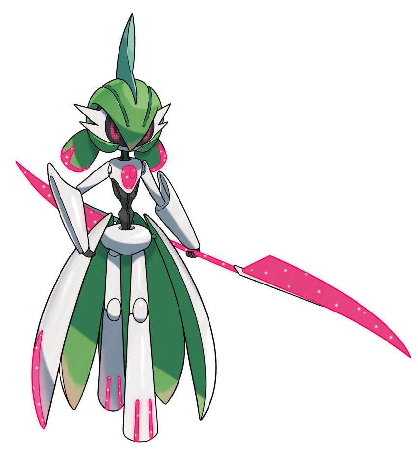 absurdres artist_request black_sclera colored_sclera double_blade full_body highres holding holding_sword holding_weapon iron_valiant nintendo official_art outline pink_eyes pixel_eyes pokemon pokemon_(creature) pokemon_focus pokemon_sv robot solo standing sword third-party_source transparent_background weapon white_outline