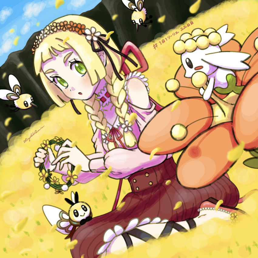 1girl :o absurdres alternate_costume bare_shoulders blonde_hair blush braid cloud commentary_request cutiefly day eyelashes falling_petals field flabebe flower flower_field gen_6_pokemon gen_7_pokemon green_eyes hairband highres hiyokko2min holding lillie_(pokemon) long_hair neck_garter nintendo open_mouth outdoors petals pink_shoes pokemon pokemon_(creature) pokemon_sm red_skirt ribombee shirt shoes sitting skirt sky twin_braids