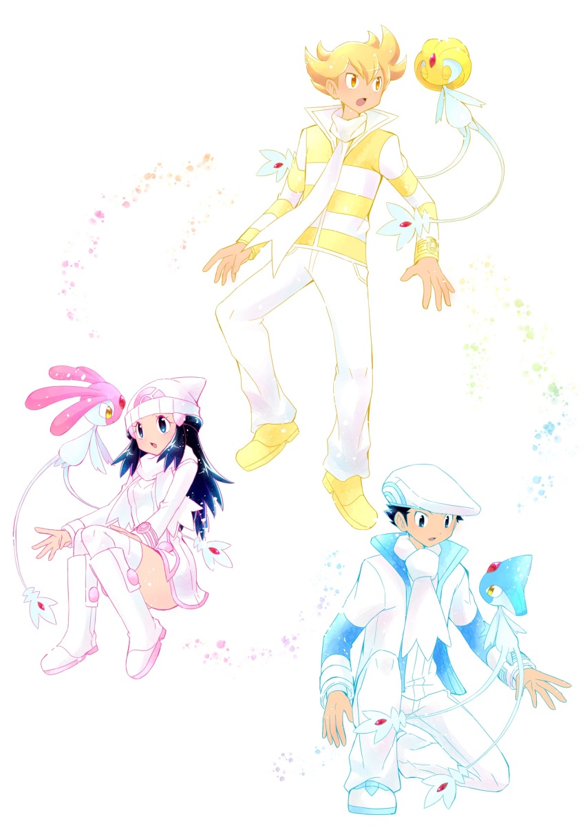1girl 2boys :o absurdres alternate_color azelf barry_(pokemon) black_hair blonde_hair blue_eyes boots dawn_(pokemon) dress gen_4_pokemon hat highres jacket knee_boots legendary_pokemon long_hair long_sleeves lucas_(pokemon) mesprit multiple_boys nintendo on_one_knee open_clothes open_jacket orange_eyes pants pokemon pokemon_(creature) pokemon_dppt sawarabi_(sawarabi725) scarf shoes short_dress short_hair striped_clothes striped_jacket thighhighs uxie white_background white_dress white_footwear white_headwear white_jacket white_pants white_scarf white_thighhighs yellow_shoes zettai_ryouiki