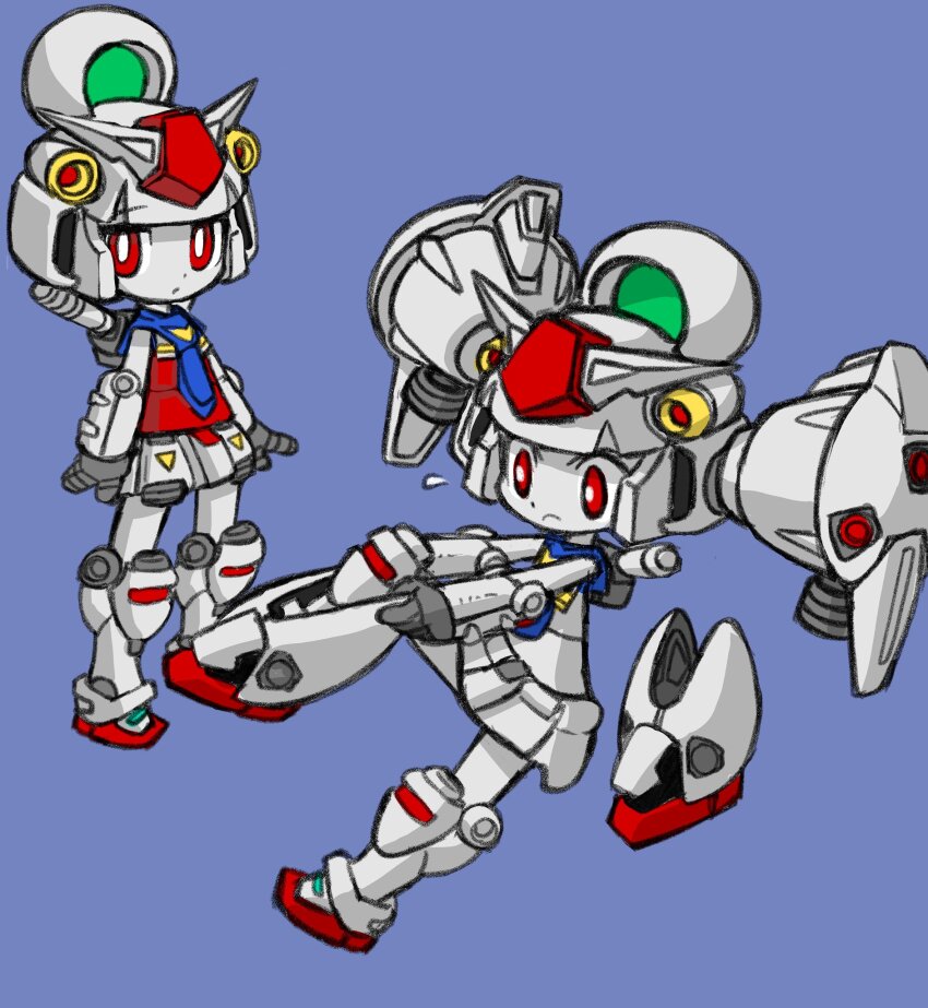 1girl :/ armor armored_boots arms_at_sides blue_background boots bright_pupils closed_mouth commentary_request flying_sweatdrops frown gundam gundam_0083 gundam_gp-01_full_vernian_zephyranthes gundam_gp-01_zephyranthes helmet highres humanization izuna_yoshitsune looking_at_viewer mecha_musume multiple_views red_eyes simple_background standing thrusters v-fin white_pupils