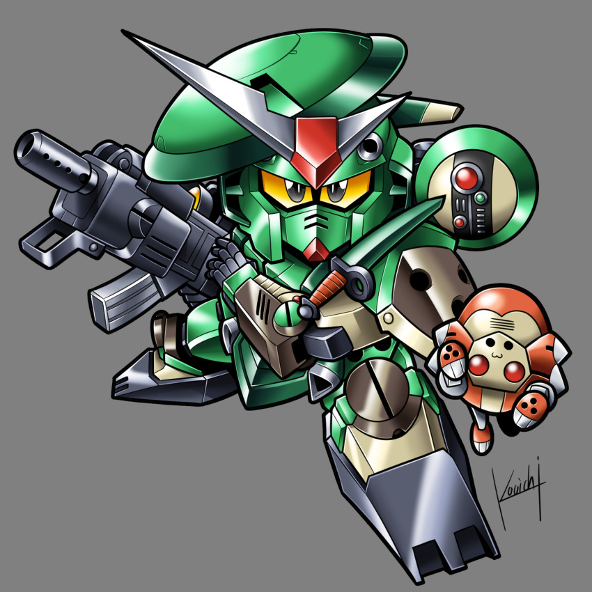 :3 artist_name chibi green_beret_gundam gun gundam highres holding holding_gun holding_weapon kouichi_(kouichi-129) looking_at_viewer mecha no_humans robot sd_command_chronicles sd_gundam solo_focus v-fin weapon yellow_eyes