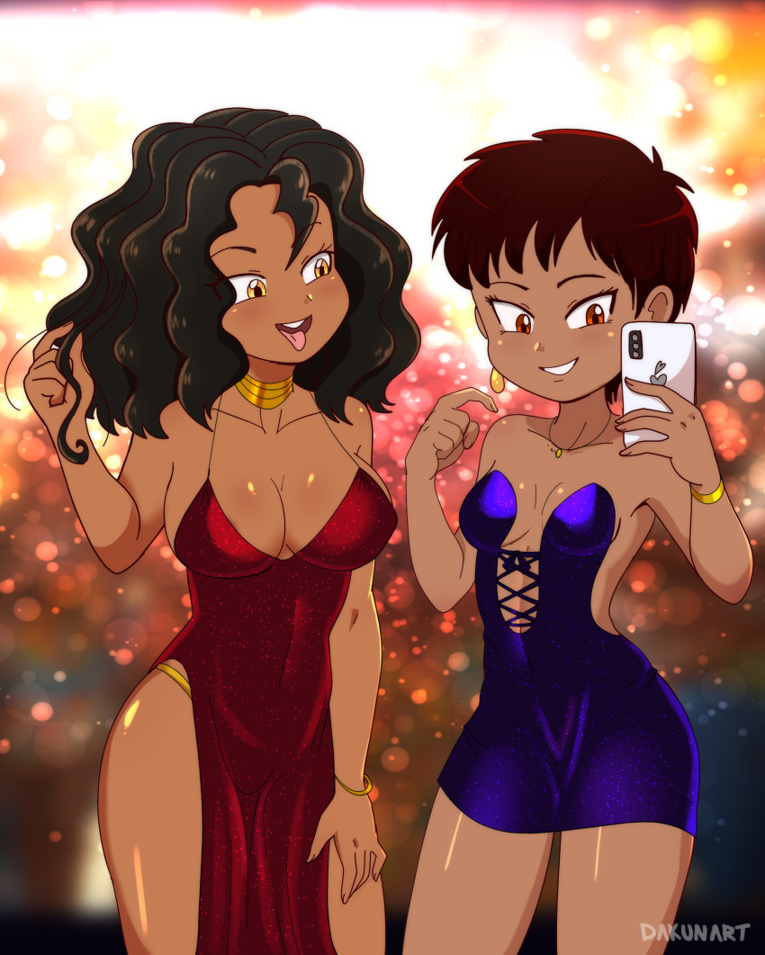 2025 20s 2girls apple_inc. black_hair blue_dress bracelet brand_name_imitation breasts brown_eyes brown_hair cellphone choker cleavage collarbone dakunart dark_skin dress earrings glitter glitter_dress grin happy_new_year heart holding holding_phone jewelry large_breasts long_hair multiple_girls necklace new_year open_mouth original panties panty_peek phone red_dress selfie short_hair side_slit sleeveless sleeveless_dress small_breasts smartphone smile standing strapless strapless_dress teeth tomboy tongue tongue_out underwear xime_(dakunart) xiomara_(dakunart) yellow_eyes yellow_panties