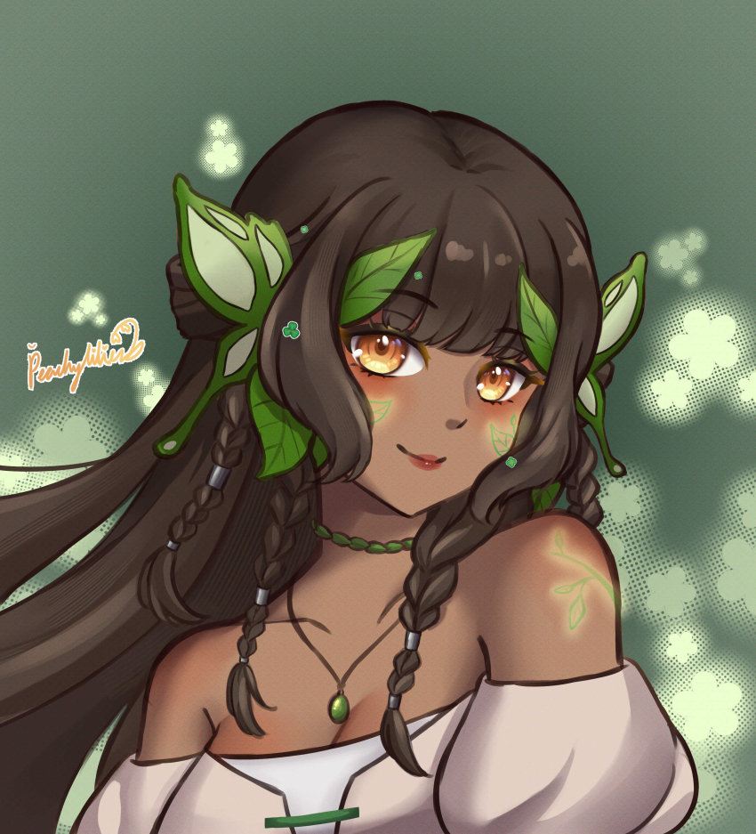 1girl absurdres artist_name bare_shoulders black_hair borrowed_character braid breasts butterfly_hair_ornament choker cleavage closed_mouth clover_hair_ornament commentary dark-skinned_female dark_skin dress english_commentary facial_mark four-leaf_clover_hair_ornament green_background green_choker hair_ornament highres jewelry leaf_hair_ornament lipstick long_hair looking_at_viewer makeup multiple_braids necklace off-shoulder_dress off_shoulder original peachylilies red_lips smile solo upper_body white_dress yellow_eyes