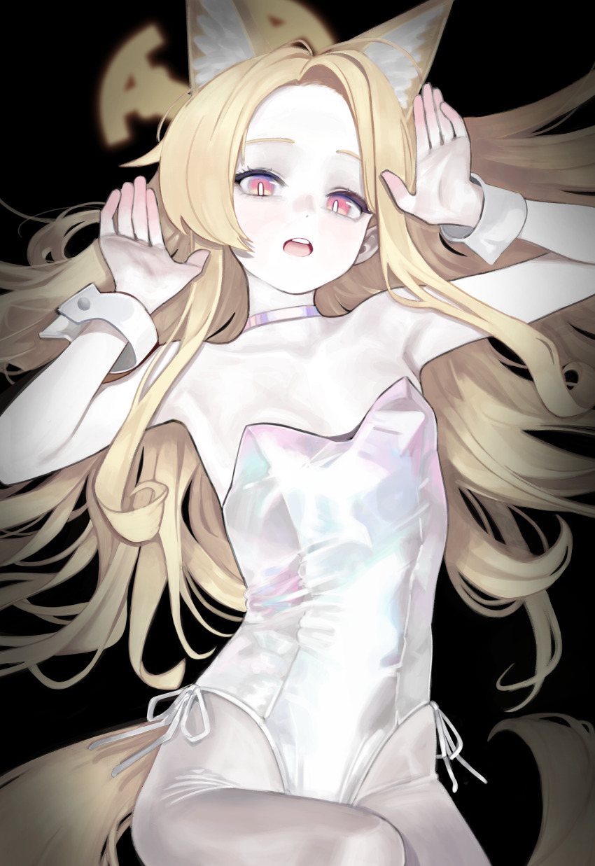 1girl absurdres alternate_costume animal_ear_fluff animal_ears armpits asdf64252607 bare_arms bare_shoulders blonde_hair blue_archive choker colored_skin forehead fox_ears fox_girl fox_tail highres leotard long_hair looking_at_viewer open_mouth pantyhose pink_eyes purple_choker rabbit_pose seia_(blue_archive) sidelocks solo strapless strapless_leotard tail teeth upper_teeth_only white_leotard white_pantyhose white_skin wrist_cuffs