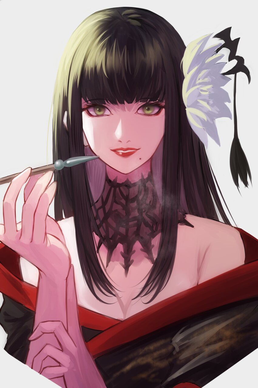 1girl bare_shoulders black_collar black_hair black_kimono breasts cleavage collar final_fantasy final_fantasy_xiv flower hair_flower hair_ornament hand_up highres holding holding_smoking_pipe hyur japanese_clothes kimono kiseru lace_collar long_hair looking_at_viewer mole mole_under_mouth off_shoulder ojiki parted_lips red_lips red_trim simple_background smile smoking_pipe solo straight-on upper_body white_background yotsuyu_goe_brutus